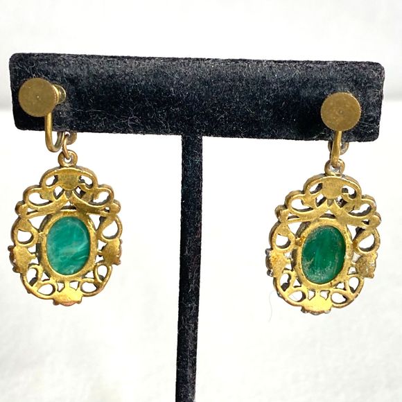 Ornate Dangle Drop Bronze Filagree Tiny Pearly Beads Central Green Stone - Picture 4 of 9